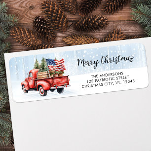 Vintage Christmas Red Truck US Flag Return Address Label