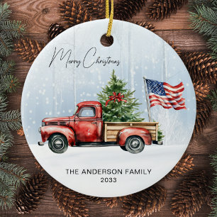 Vintage Christmas Red Truck USA Flag Patriotic Ceramic Ornament