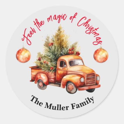 Vintage Christmas Red Truck Watercolor Classic Round Sticker