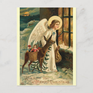 Vintage Christmas reindeer and angel Postcard