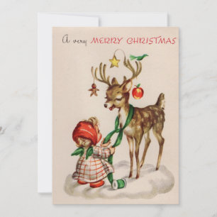 Vintage Christmas Reindeer and Girl Holiday Card