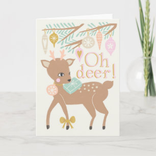 Vintage Christmas reindeer cream pink illustration Card
