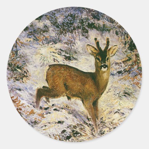 Vintage Christmas Reindeer in Winter Forst Snow Classic Round Sticker