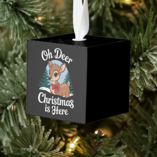 Vintage Christmas Reindeer Oh Deer Christmas Here Cube Ornament