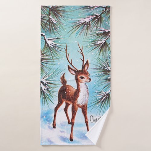 Vintage Christmas Reindeer Pine Trees Bath Towel Set