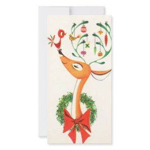 Vintage Christmas Reindeer With Birds and Ornament Holiday Card