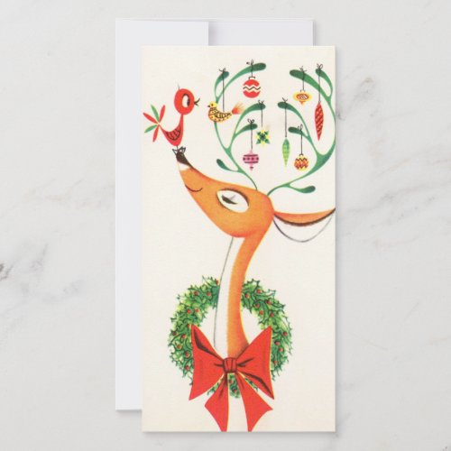 Vintage Christmas Reindeer With Birds and Ornament Holiday Card