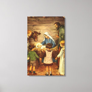 Vintage Christmas, Religious Nativity w Baby Jesus Canvas Print