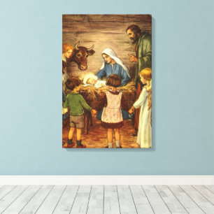 Vintage Christmas, Religious Nativity w Baby Jesus Canvas Print