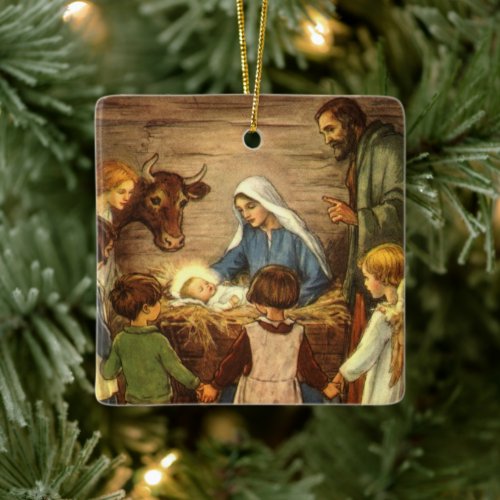 Vintage Christmas Religious Nativity w Baby Jesus Ceramic Ornament
