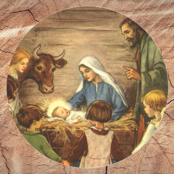 Vintage Christmas  Religious Nativity W Baby Jesus Classic Round Sticker by ChristmasCafe at Zazzle