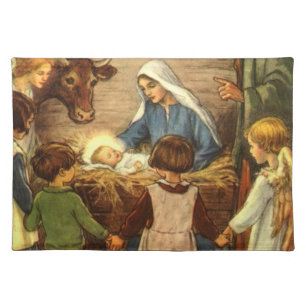Vintage Christmas, Religious Nativity w Baby Jesus Cloth Placemat