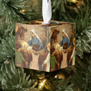 Vintage Christmas, Religious Nativity w Baby Jesus Cube Ornament