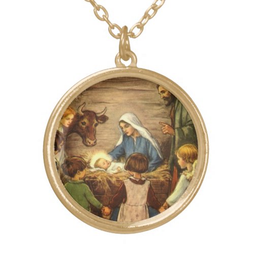 Vintage Christmas Religious Nativity w Baby Jesus Gold Plated Necklace