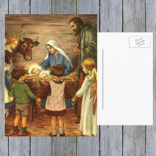Vintage Christmas, Religious Nativity w Baby Jesus Holiday Postcard