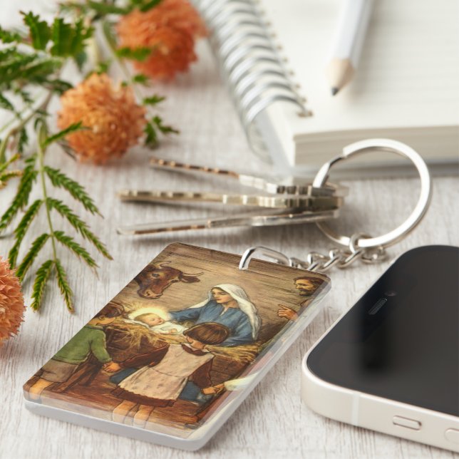 Vintage Christmas, Religious Nativity w Baby Jesus Keychain (Front Right)