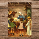 Vintage Christmas, Religious Nativity w Baby Jesus Poster<br><div class="desc">Vintage illustration religious Christmas holiday image featuring a beautiful classic nativity family scene with Mary,  Joseph and the infant Jesus Christ in the manger in Bethlehem. A Christian religion scene with children gathered holding hands around the baby boy child.</div>