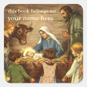 Vintage Christmas, Religious Nativity w Baby Jesus Square Sticker
