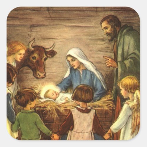 Vintage Christmas Religious Nativity w Baby Jesus Square Sticker