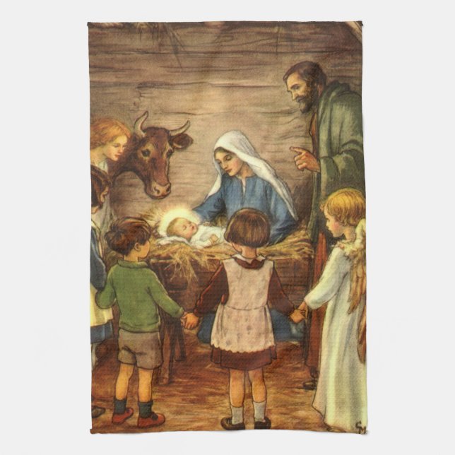 Vintage Christmas, Religious Nativity w Baby Jesus Towel (Vertical)