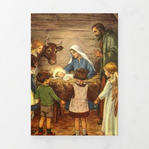 Vintage Christmas Religious Nativity w Baby Jesus Tri_Fold Holiday Card