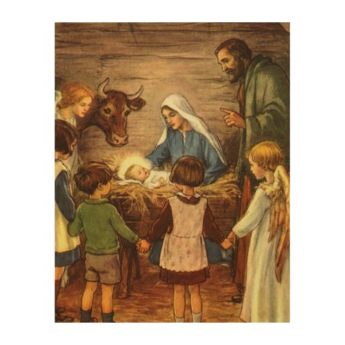 Vintage Christmas Religious Nativity w Baby Jesus Wood Wall Art