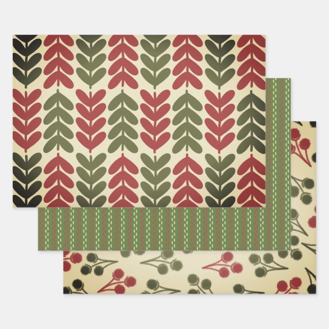 Vintage Christmas Retro Botanical Patterns Wrapping Paper Sheets (Set)