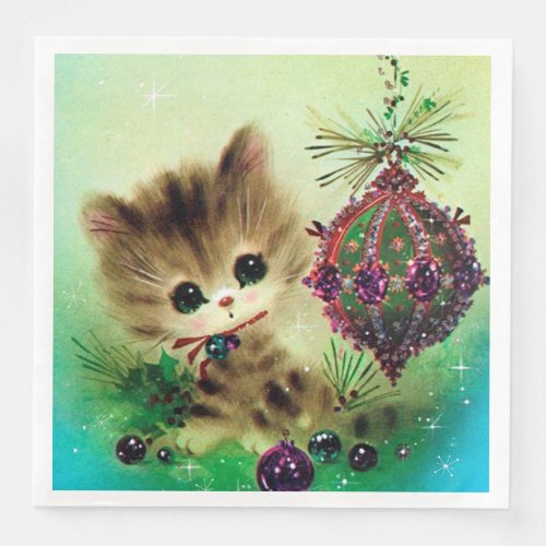 Vintage Christmas retro bulb cat party napkins