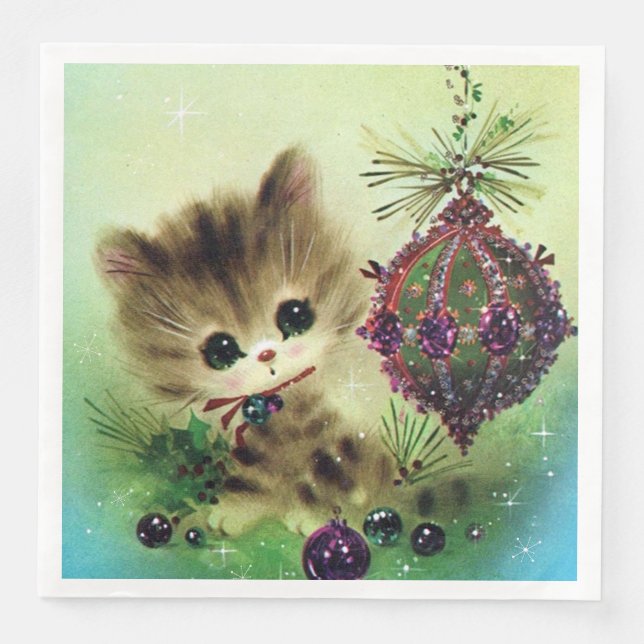 Vintage Christmas retro bulb cat party napkins (Front)