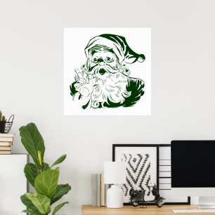 Vintage Christmas, Retro Jolly Santa Claus, Green Poster
