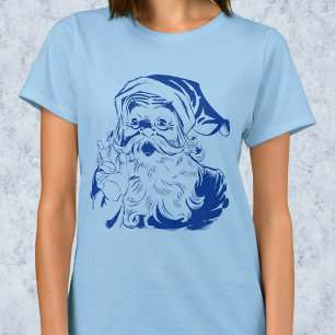 Vintage Christmas, Retro Jolly Santa Claus in Blue T-Shirt