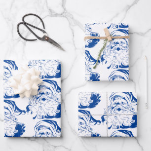 Vintage Christmas, Retro Jolly Santa Claus in Blue Wrapping Paper Sheets