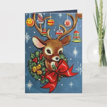Vintage Christmas Retro Reindeer Add Message Card by DoodlesHolidayGifts at Zazzle