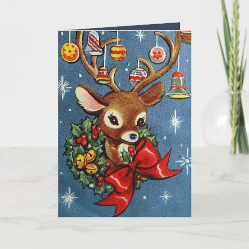 Vintage Christmas retro reindeer add message card (Front)