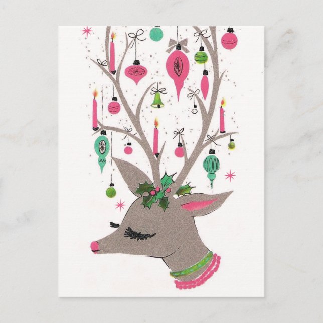 Vintage Christmas retro reindeer Holiday postcard (Front)