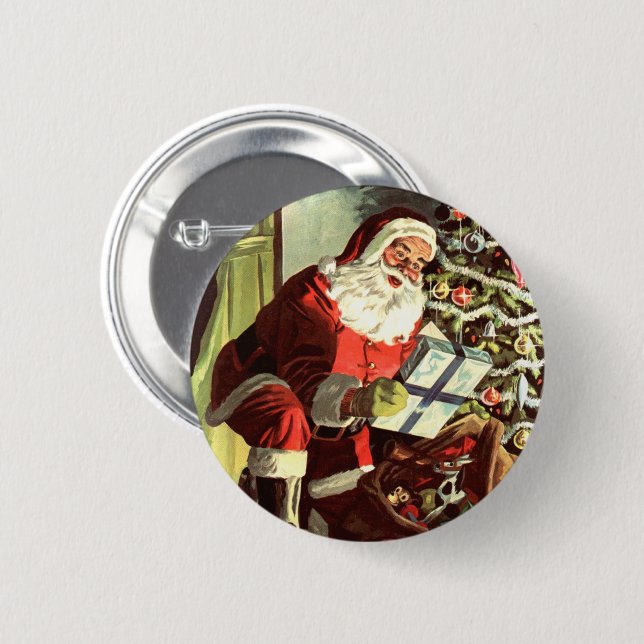 Vintage Christmas, Retro Santa Claus with Presents Button (Front & Back)