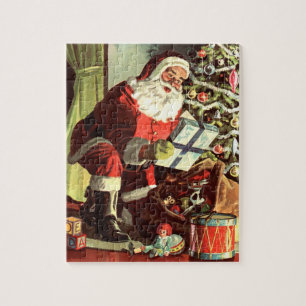 Vintage Christmas, Retro Santa Claus with Presents Jigsaw Puzzle