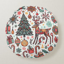 Vintage Christmas Retro Tree Gift Round Pillow