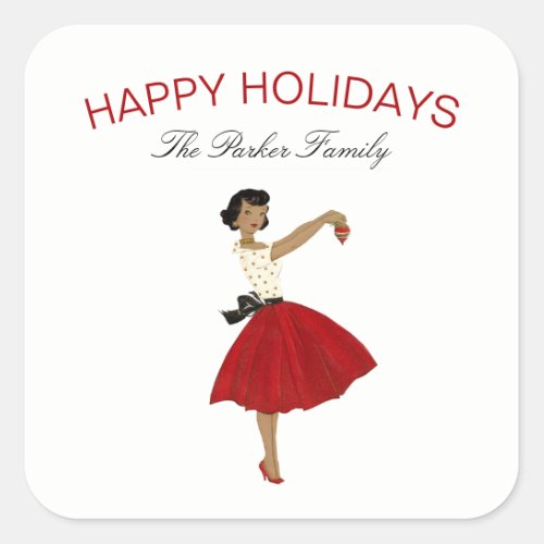 Vintage Christmas Retro Woman in Dress  Square Sticker