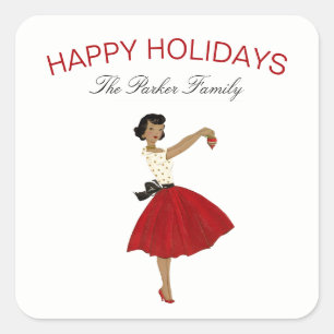 Vintage Christmas Retro Woman in Dress  Square Sticker