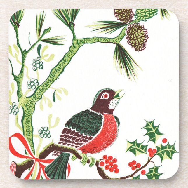 Vintage Christmas Robin Beverage Coaster (Front)