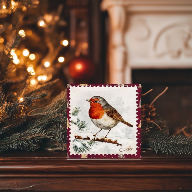 Vintage Christmas Robin Postage Stamp Holiday Card (Creator Uploaded)