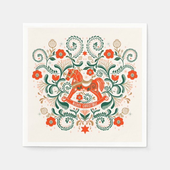Vintage Christmas rocking horse illustration Poste Napkins (Front)