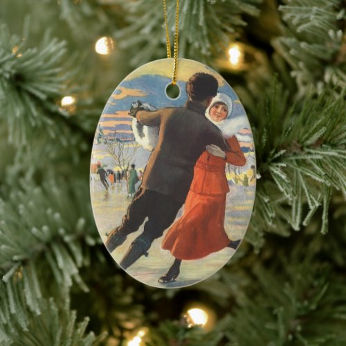 Vintage Christmas Romantic Couple Ice Skating Ceramic Ornament