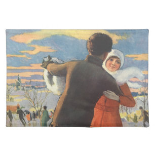 Vintage Christmas, Romantic Couple Ice Skating Cloth Placemat