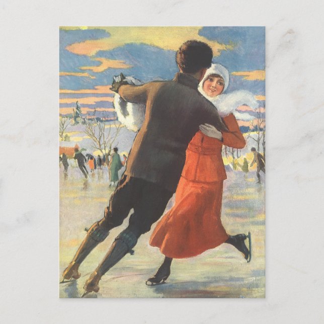 Vintage Christmas, Romantic Couple Ice Skating Holiday Postcard (Front)