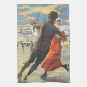 Vintage Christmas, Romantic Couple Ice Skating Kitchen Towel