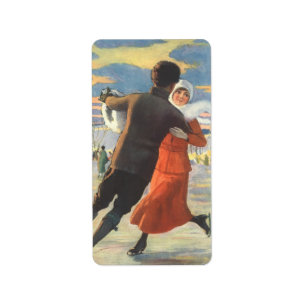 Vintage Christmas, Romantic Couple Ice Skating Label