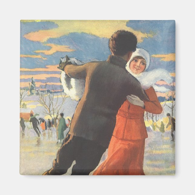 Vintage Christmas, Romantic Couple Ice Skating Magnet (Front)