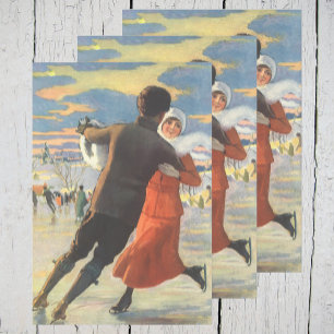 Vintage Christmas, Romantic Couple Ice Skating Wrapping Paper Sheets